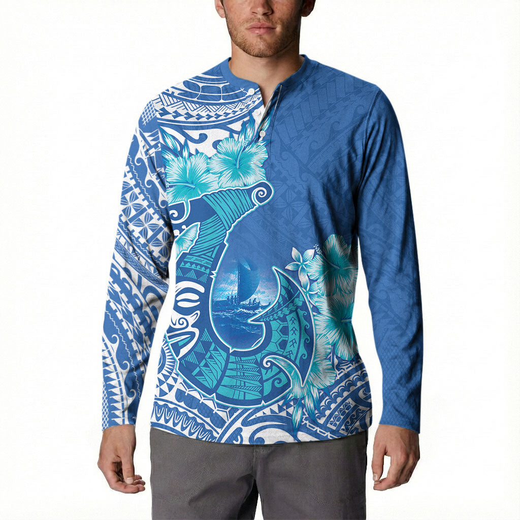 Hawaii Discoverers Day Button Sweatshirt Polynesian Fish Hook With Hibiscus Blue LT05 - Polynesian Pride
