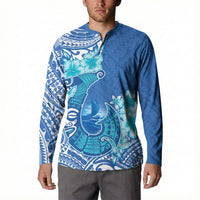 Hawaii Discoverers Day Button Sweatshirt Polynesian Fish Hook With Hibiscus Blue LT05 - Polynesian Pride