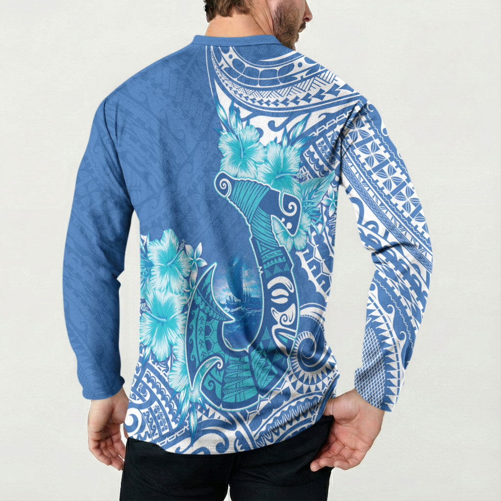 Hawaii Discoverers Day Button Sweatshirt Polynesian Fish Hook With Hibiscus Blue LT05 - Polynesian Pride
