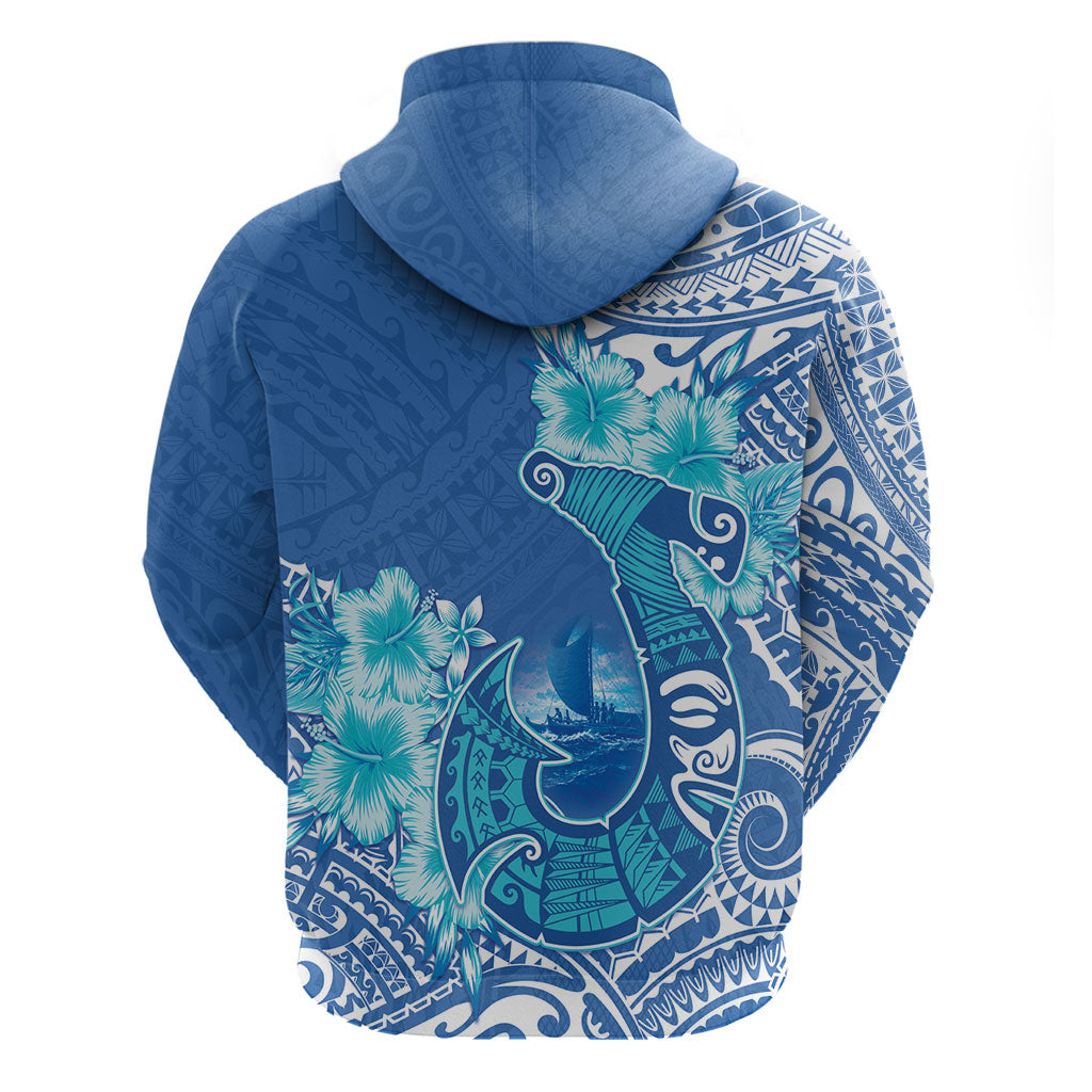 Hawaii Discoverers Day Hoodie Polynesian Fish Hook With Hibiscus Blue LT05 - Polynesian Pride
