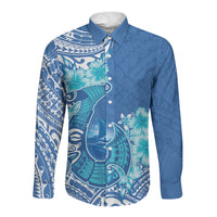 Hawaii Discoverers Day Long Sleeve Button Shirt Polynesian Fish Hook With Hibiscus Blue LT05 Unisex Blue - Polynesian Pride