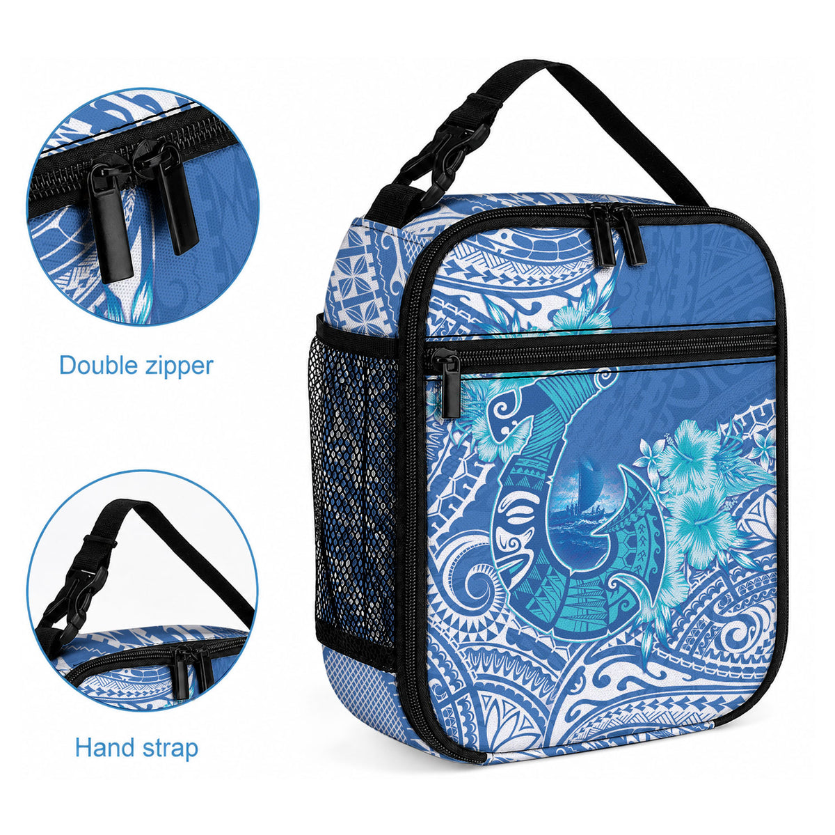 Hawaii Discoverers Day Lunch Bag Polynesian Fish Hook With Hibiscus Blue LT05 - Polynesian Pride