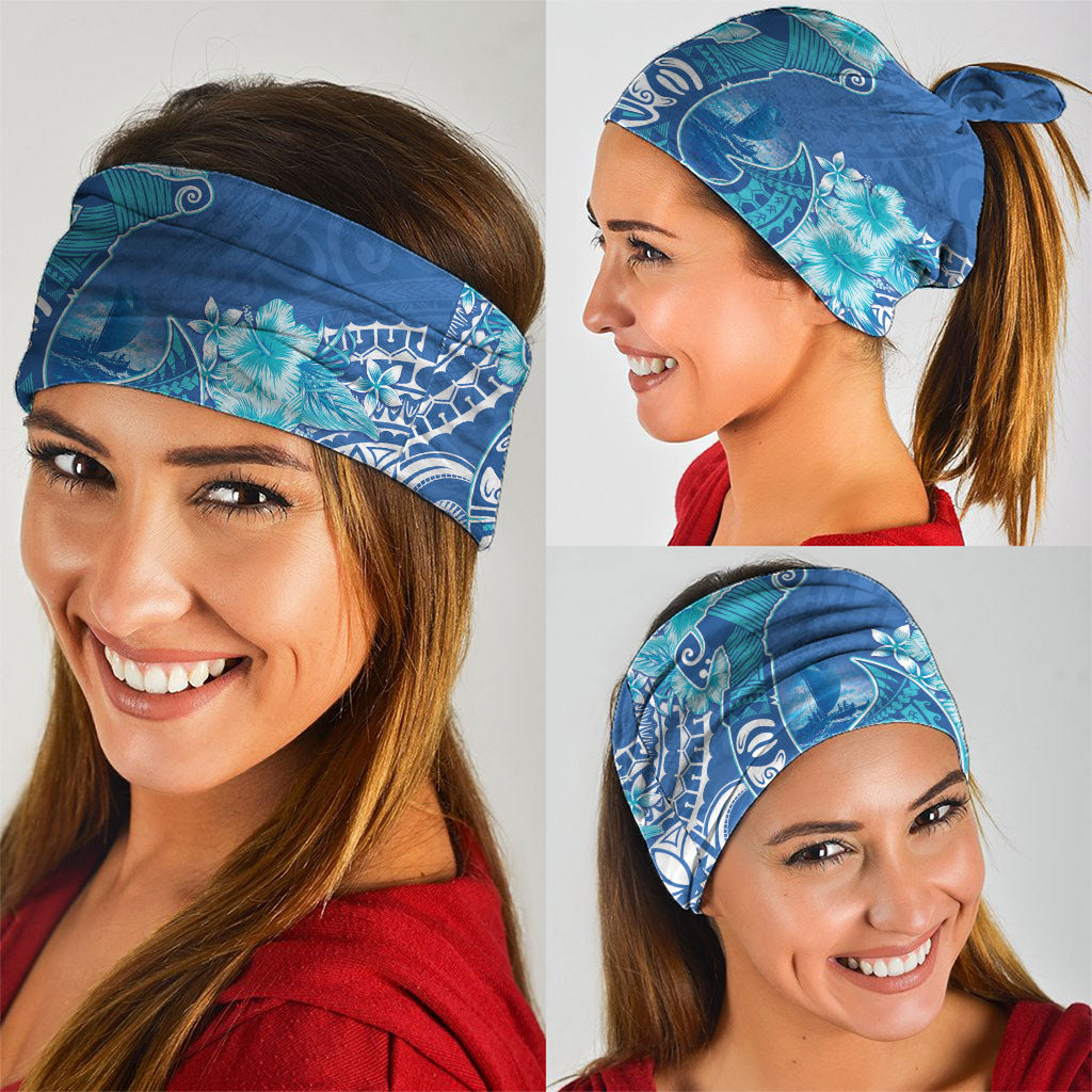 Hawaii Discoverers Day Neck Gaiter Polynesian Fish Hook With Hibiscus Blue LT05 - Polynesian Pride
