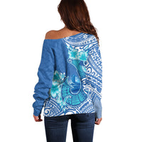 Hawaii Discoverers Day Off Shoulder Sweater Polynesian Fish Hook With Hibiscus Blue LT05 - Polynesian Pride