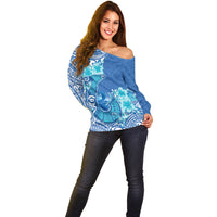 Hawaii Discoverers Day Off Shoulder Sweater Polynesian Fish Hook With Hibiscus Blue LT05 - Polynesian Pride