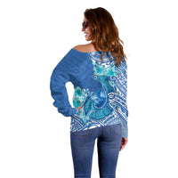 Hawaii Discoverers Day Off Shoulder Sweater Polynesian Fish Hook With Hibiscus Blue LT05 - Polynesian Pride