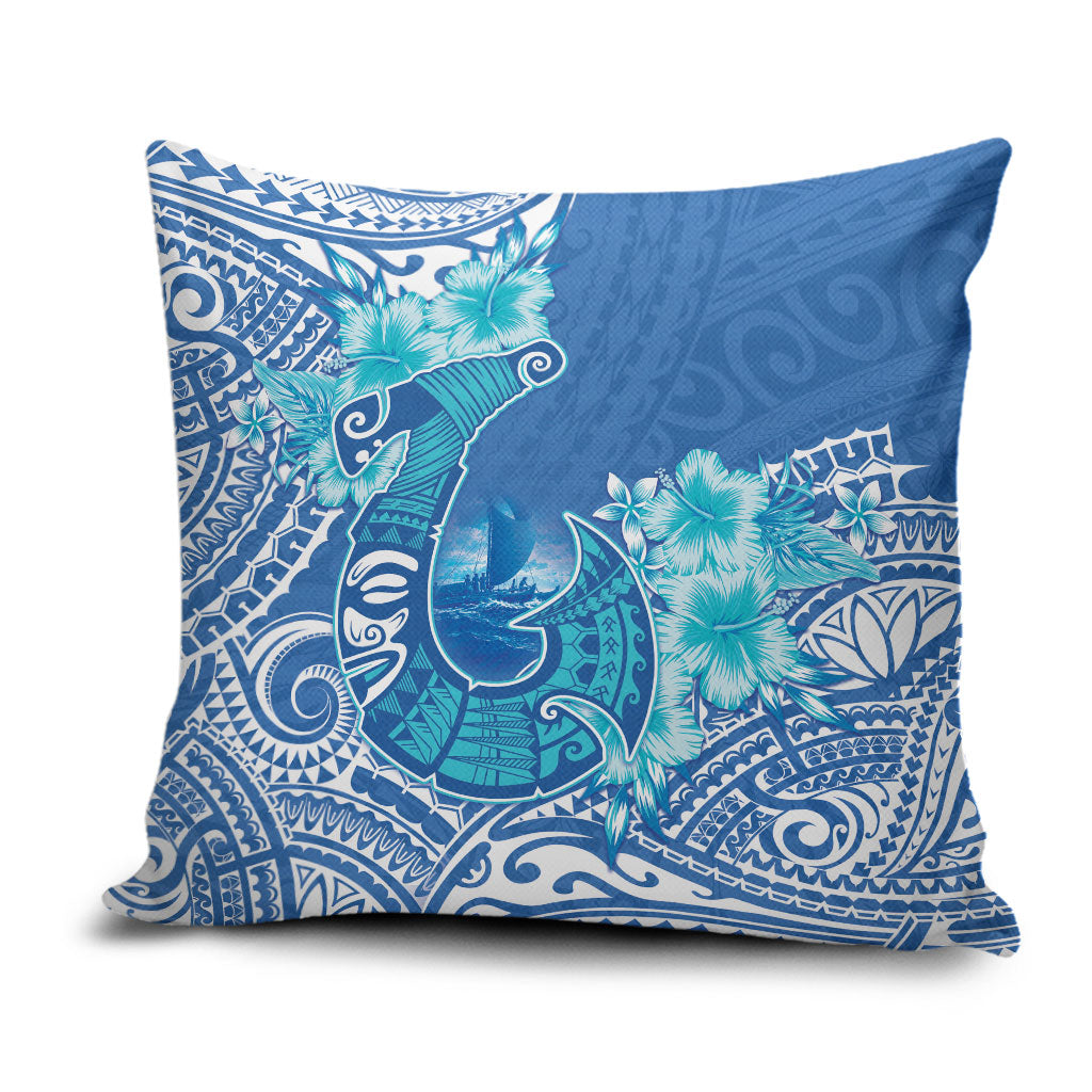 Hawaii Discoverers Day Pillow Cover Polynesian Fish Hook With Hibiscus Blue LT05 Blue - Polynesian Pride