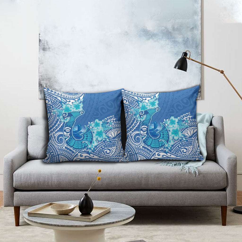 Hawaii Discoverers Day Pillow Cover Polynesian Fish Hook With Hibiscus Blue LT05 - Polynesian Pride