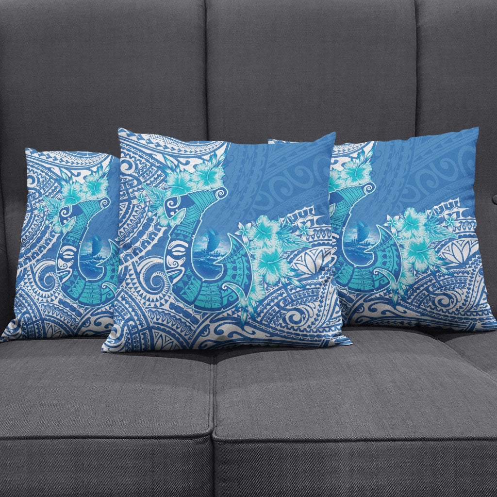Hawaii Discoverers Day Pillow Cover Polynesian Fish Hook With Hibiscus Blue LT05 - Polynesian Pride