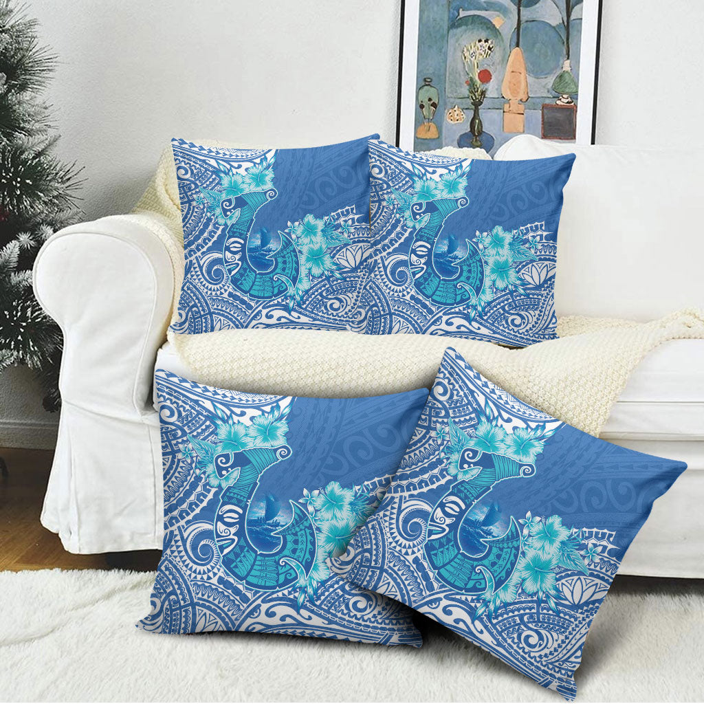 Hawaii Discoverers Day Pillow Cover Polynesian Fish Hook With Hibiscus Blue LT05 - Polynesian Pride