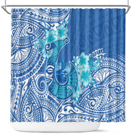 Hawaii Discoverers Day Shower Curtain Polynesian Fish Hook With Hibiscus Blue LT05 Blue - Polynesian Pride
