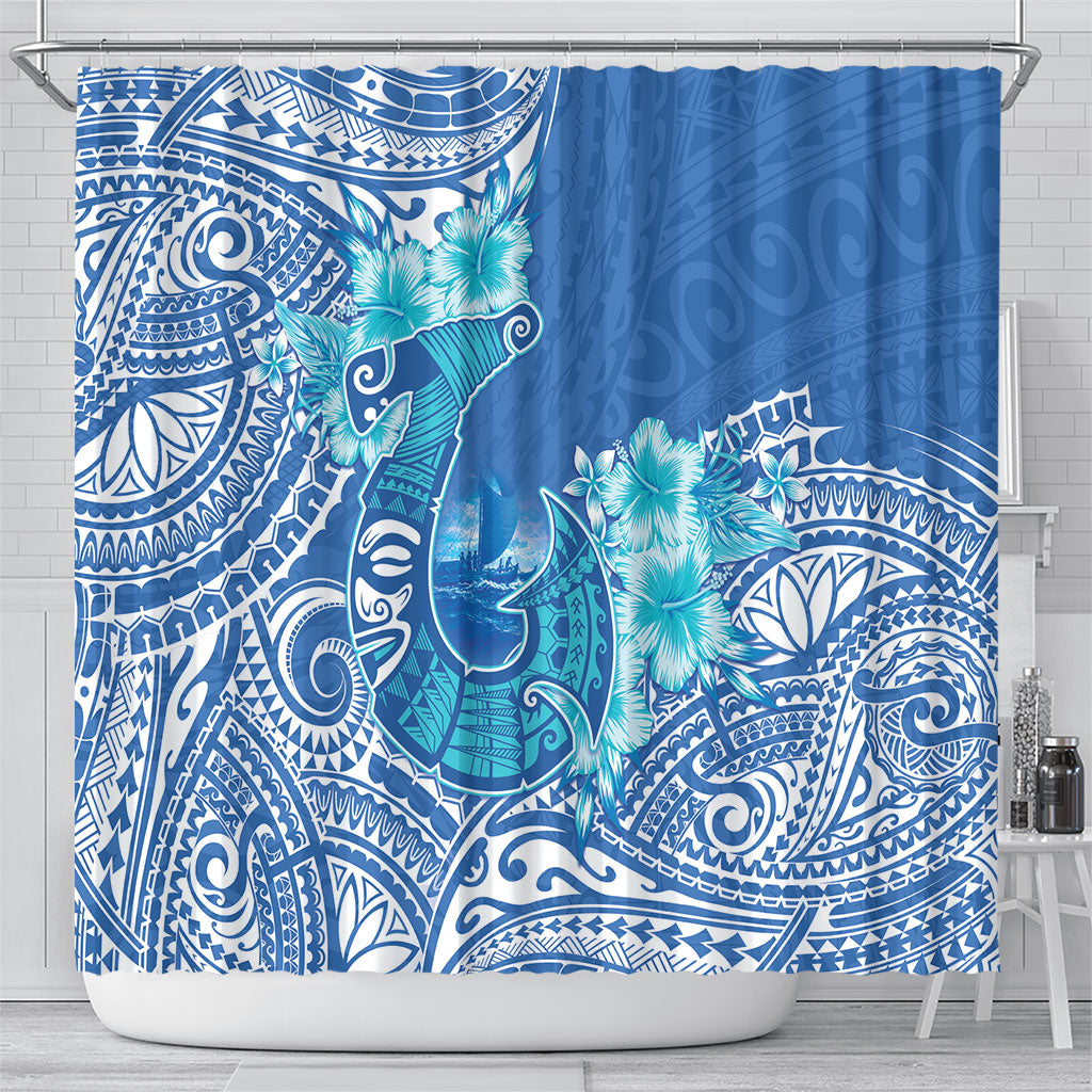 Hawaii Discoverers Day Shower Curtain Polynesian Fish Hook With Hibiscus Blue LT05 - Polynesian Pride