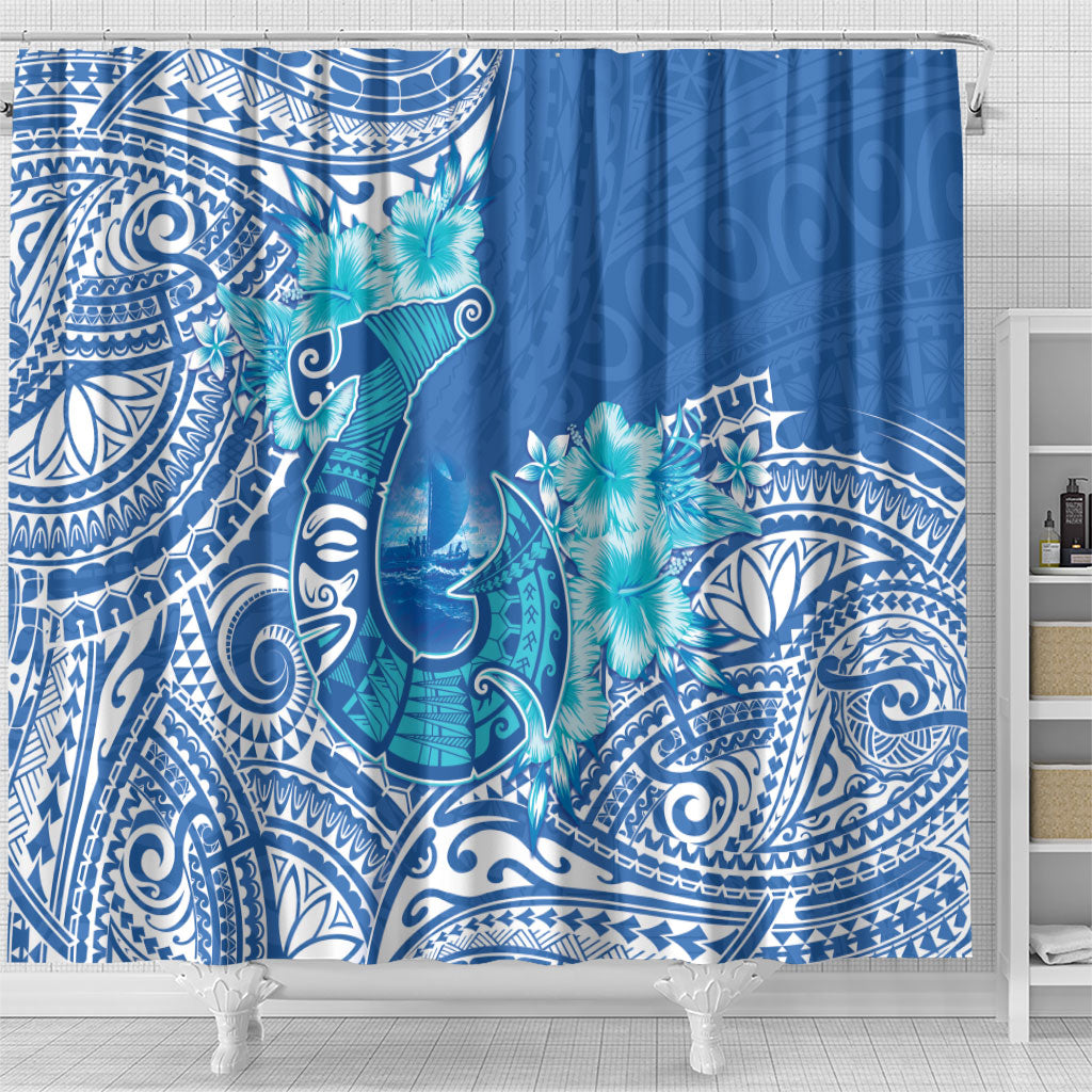 Hawaii Discoverers Day Shower Curtain Polynesian Fish Hook With Hibiscus Blue LT05 - Polynesian Pride