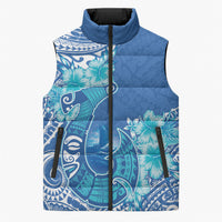 Hawaii Discoverers Day Sleeveless Puffer Jacket Polynesian Fish Hook With Hibiscus Blue LT05 Unisex Blue - Polynesian Pride