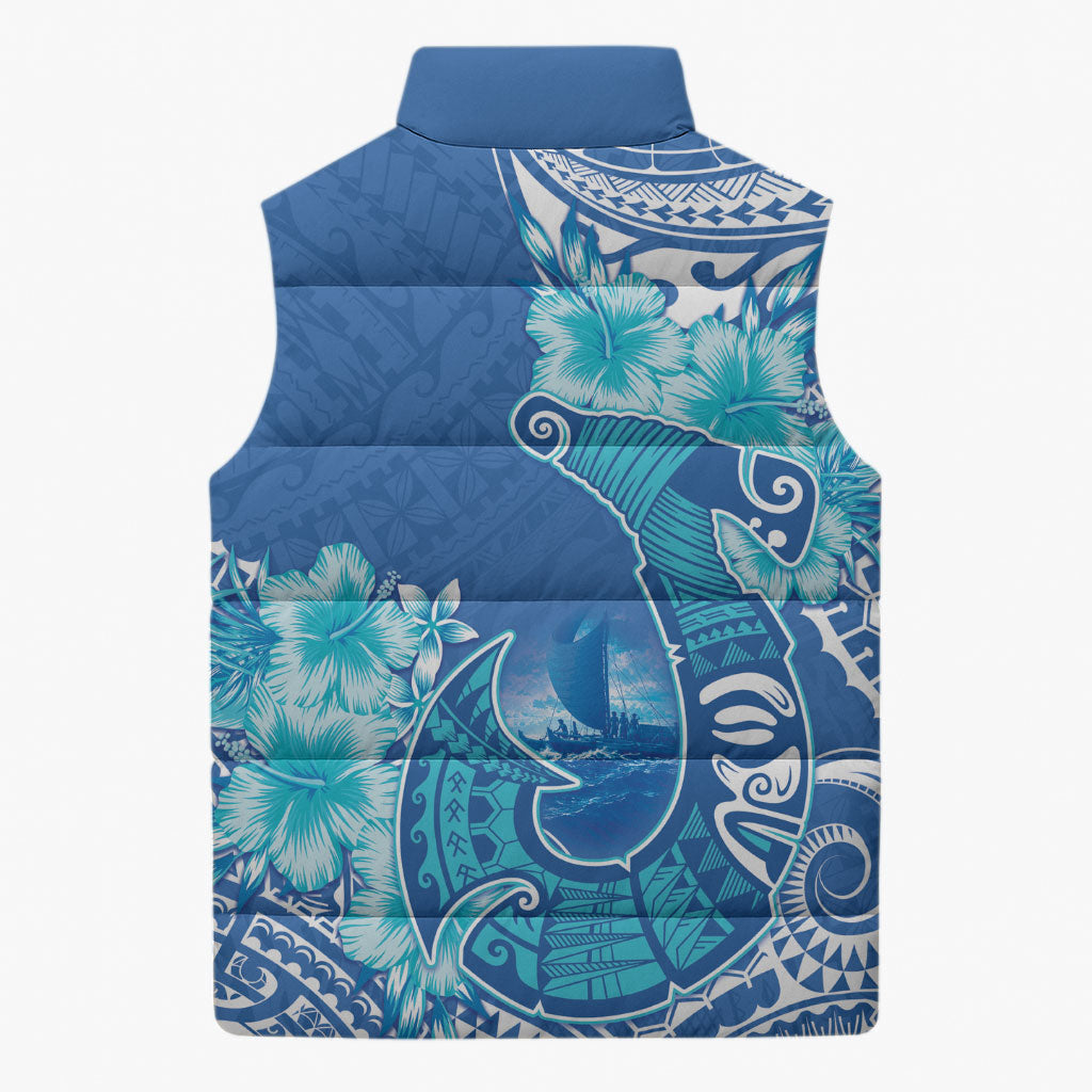 Hawaii Discoverers Day Sleeveless Puffer Jacket Polynesian Fish Hook With Hibiscus Blue LT05 - Polynesian Pride