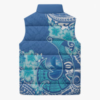 Hawaii Discoverers Day Sleeveless Puffer Jacket Polynesian Fish Hook With Hibiscus Blue LT05 - Polynesian Pride