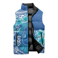 Hawaii Discoverers Day Sleeveless Puffer Jacket Polynesian Fish Hook With Hibiscus Blue LT05 - Polynesian Pride