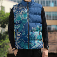 Hawaii Discoverers Day Sleeveless Puffer Jacket Polynesian Fish Hook With Hibiscus Blue LT05 - Polynesian Pride
