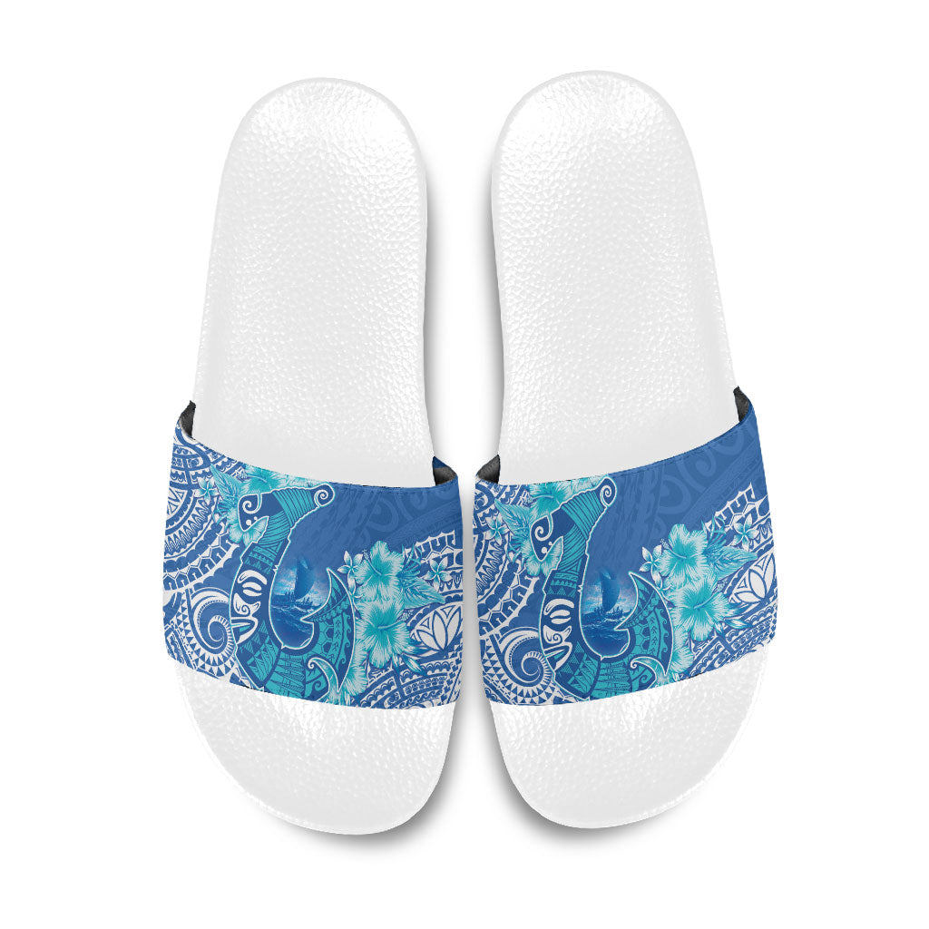 Hawaii Discoverers Day Slide Sandals Polynesian Fish Hook With Hibiscus Blue LT05 Blue - Polynesian Pride