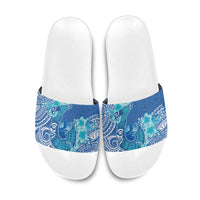 Hawaii Discoverers Day Slide Sandals Polynesian Fish Hook With Hibiscus Blue LT05 Blue - Polynesian Pride