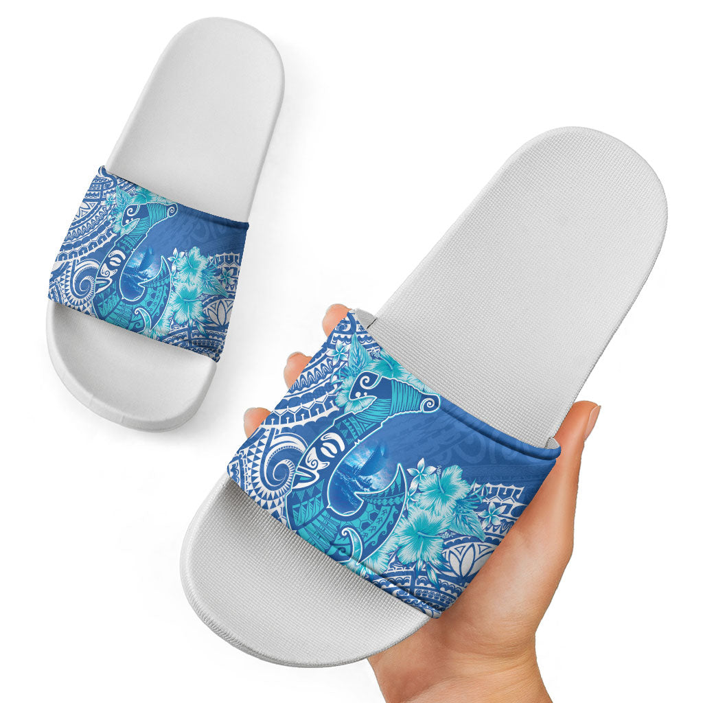 Hawaii Discoverers Day Slide Sandals Polynesian Fish Hook With Hibiscus Blue LT05 - Polynesian Pride