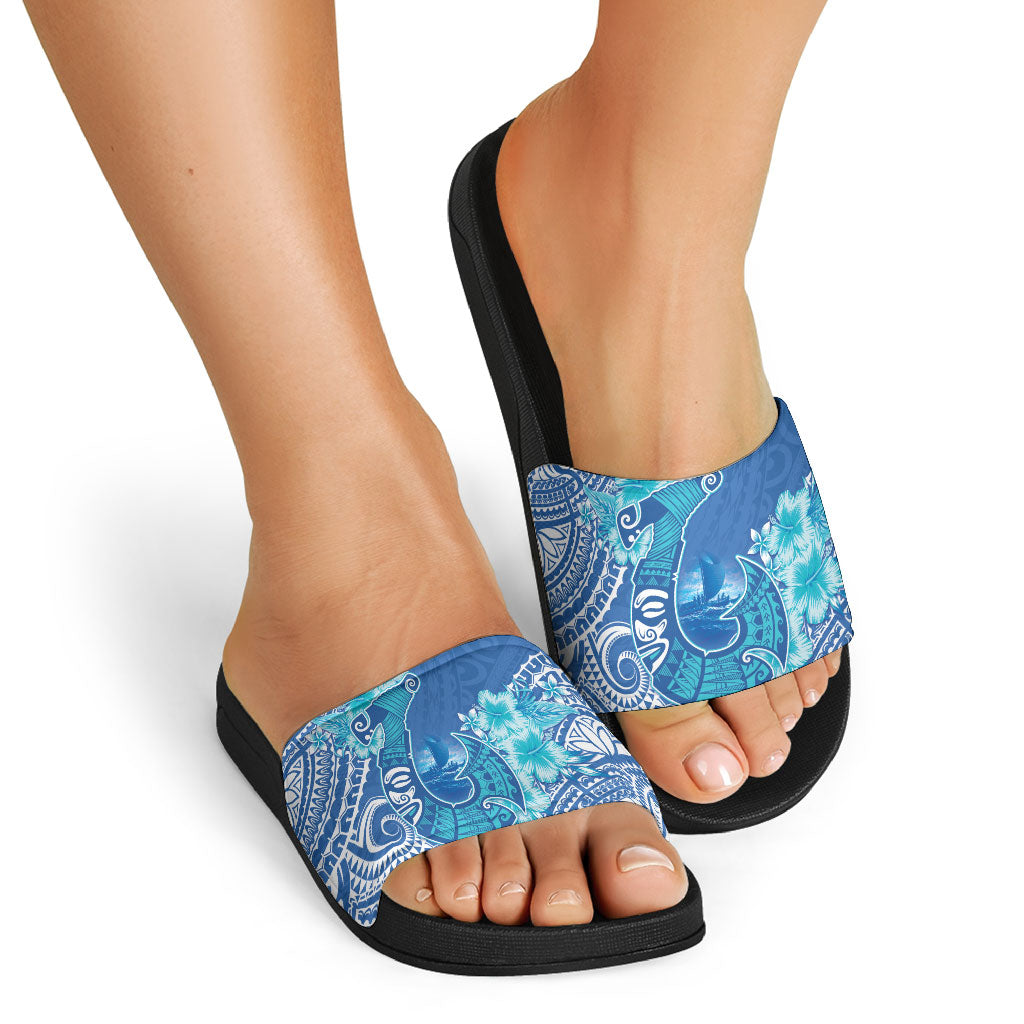 Hawaii Discoverers Day Slide Sandals Polynesian Fish Hook With Hibiscus Blue LT05 - Polynesian Pride
