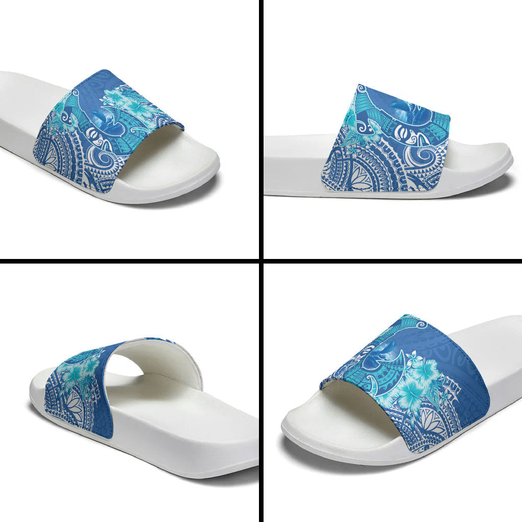 Hawaii Discoverers Day Slide Sandals Polynesian Fish Hook With Hibiscus Blue LT05 - Polynesian Pride