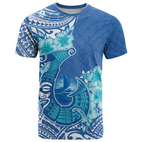 Hawaii Discoverers Day T Shirt Polynesian Fish Hook With Hibiscus Blue LT05 Blue - Polynesian Pride