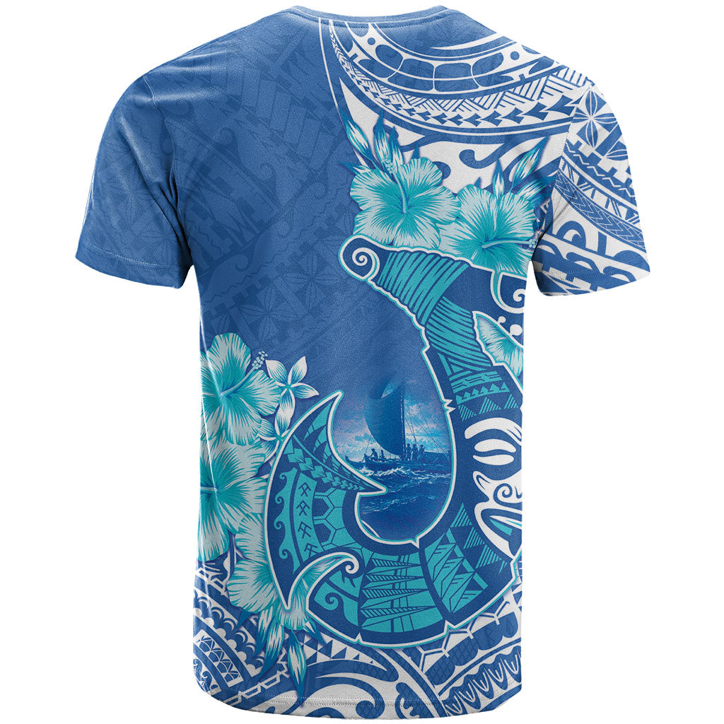 Hawaii Discoverers Day T Shirt Polynesian Fish Hook With Hibiscus Blue LT05 - Polynesian Pride