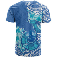 Hawaii Discoverers Day T Shirt Polynesian Fish Hook With Hibiscus Blue LT05 - Polynesian Pride