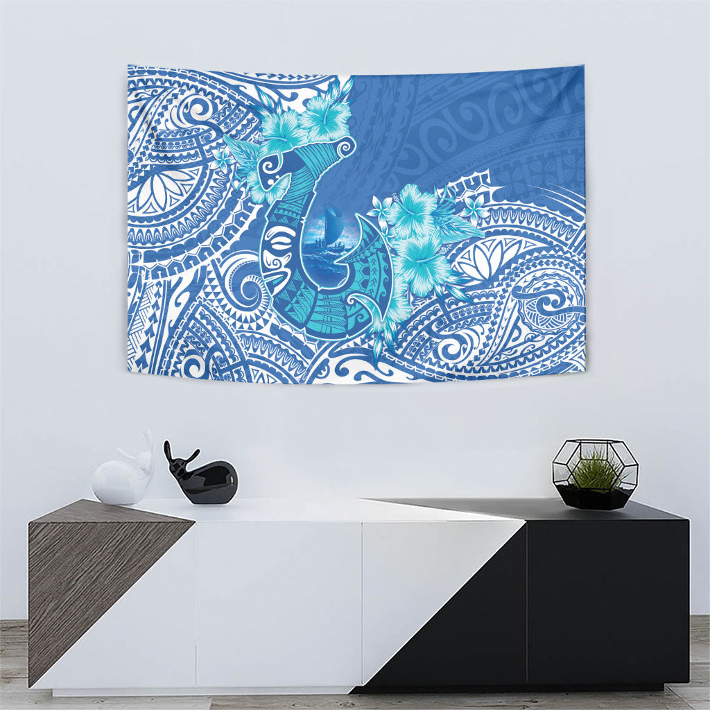 Hawaii Discoverers Day Tapestry Polynesian Fish Hook With Hibiscus Blue LT05 - Polynesian Pride
