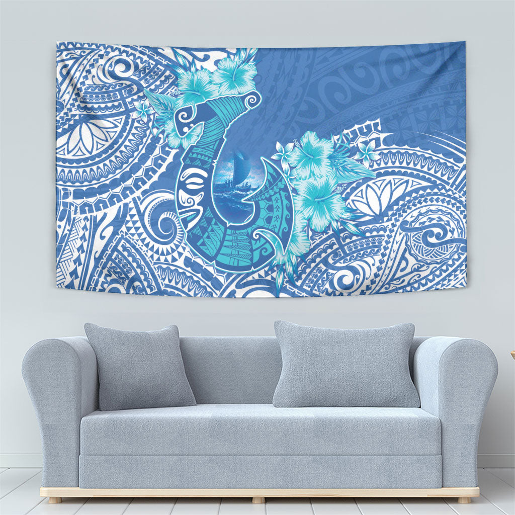 Hawaii Discoverers Day Tapestry Polynesian Fish Hook With Hibiscus Blue LT05 - Polynesian Pride