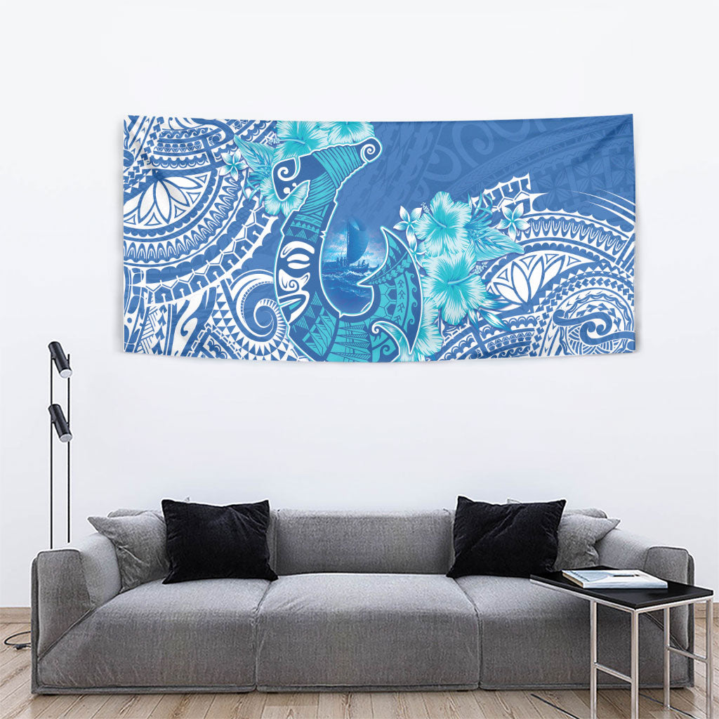 Hawaii Discoverers Day Tapestry Polynesian Fish Hook With Hibiscus Blue LT05 - Polynesian Pride