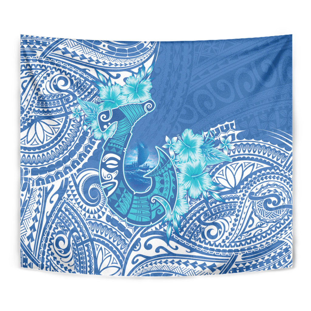 Hawaii Discoverers Day Tapestry Polynesian Fish Hook With Hibiscus Blue LT05 - Polynesian Pride