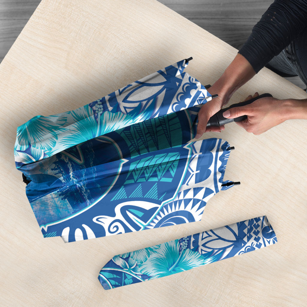Hawaii Discoverers Day Umbrella Polynesian Fish Hook With Hibiscus Blue LT05 - Polynesian Pride