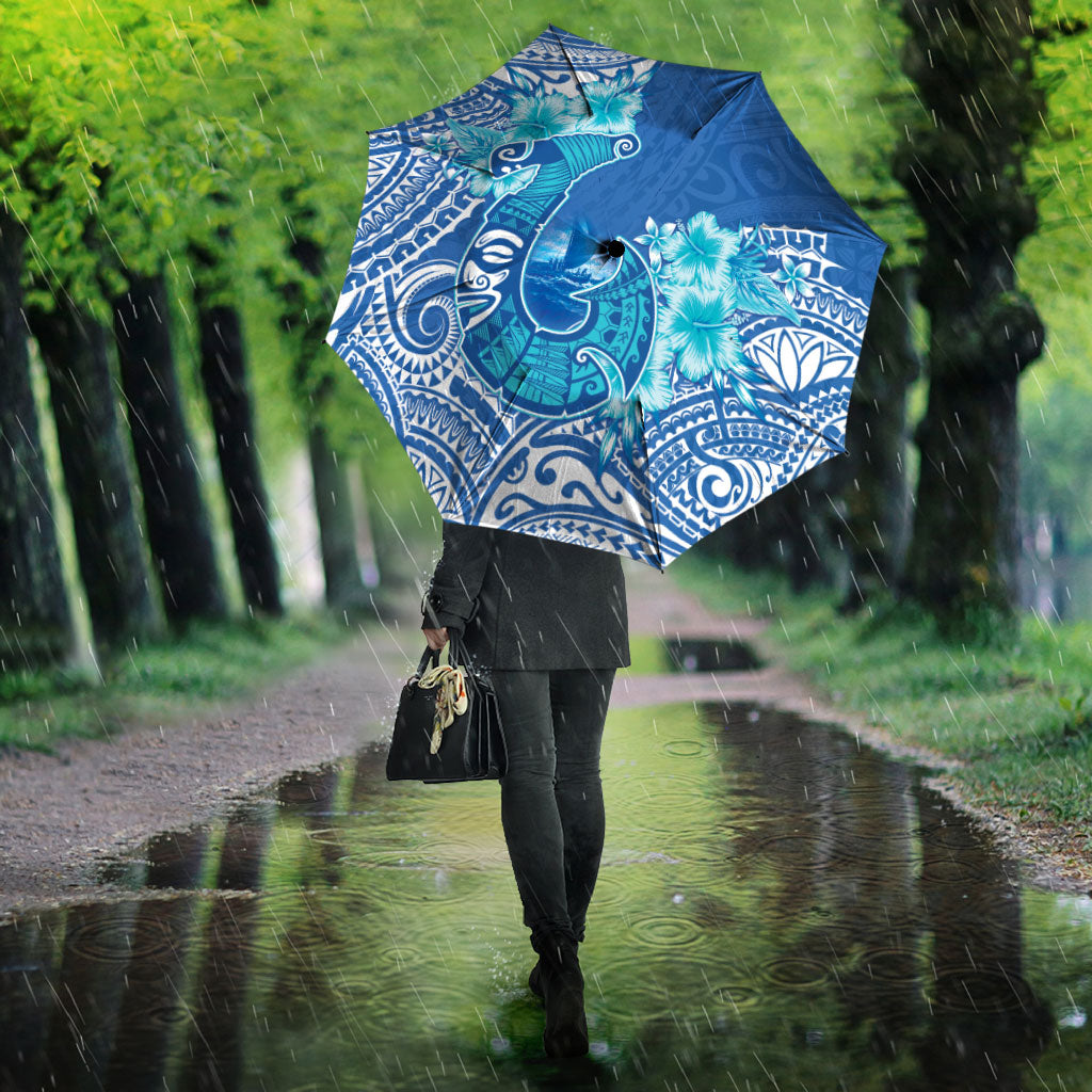 Hawaii Discoverers Day Umbrella Polynesian Fish Hook With Hibiscus Blue LT05 - Polynesian Pride