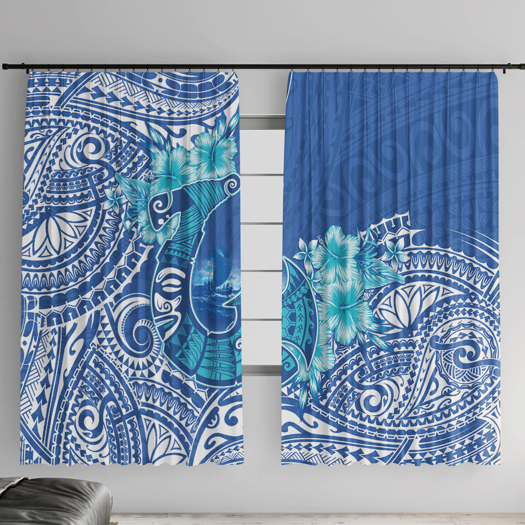 Hawaii Discoverers Day Window Curtain Polynesian Fish Hook With Hibiscus Blue LT05 With Hooks Blue - Polynesian Pride