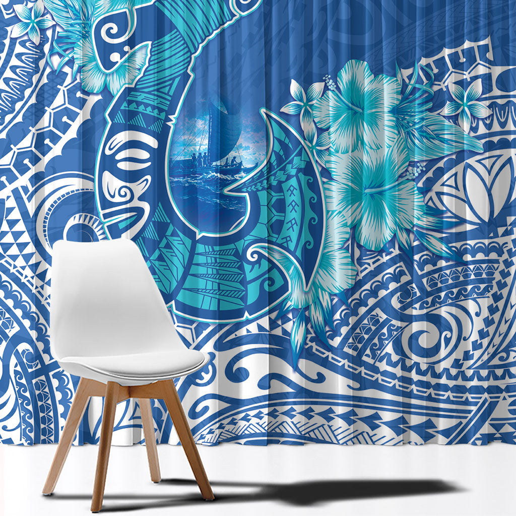 Hawaii Discoverers Day Window Curtain Polynesian Fish Hook With Hibiscus Blue LT05 - Polynesian Pride