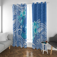 Hawaii Discoverers Day Window Curtain Polynesian Fish Hook With Hibiscus Blue LT05 With Grommets Blue - Polynesian Pride
