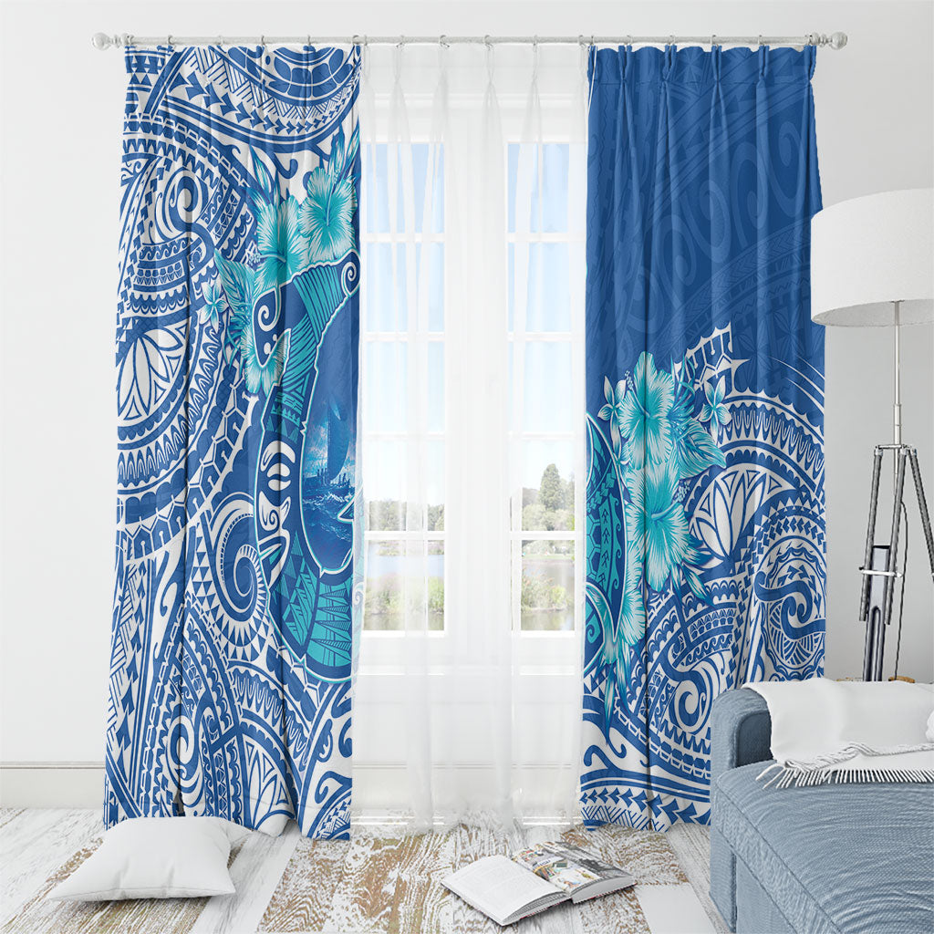 Hawaii Discoverers Day Window Curtain Polynesian Fish Hook With Hibiscus Blue LT05 - Polynesian Pride