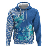 Hawaii Discoverers Day Zip Hoodie Polynesian Fish Hook With Hibiscus Blue LT05 Pullover Hoodie Blue - Polynesian Pride