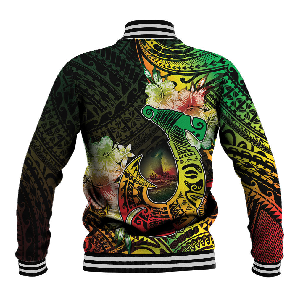 Hawaii Discoverers Day Baseball Jacket Polynesian Fish Hook With Hibiscus Reggae LT05 - Polynesian Pride