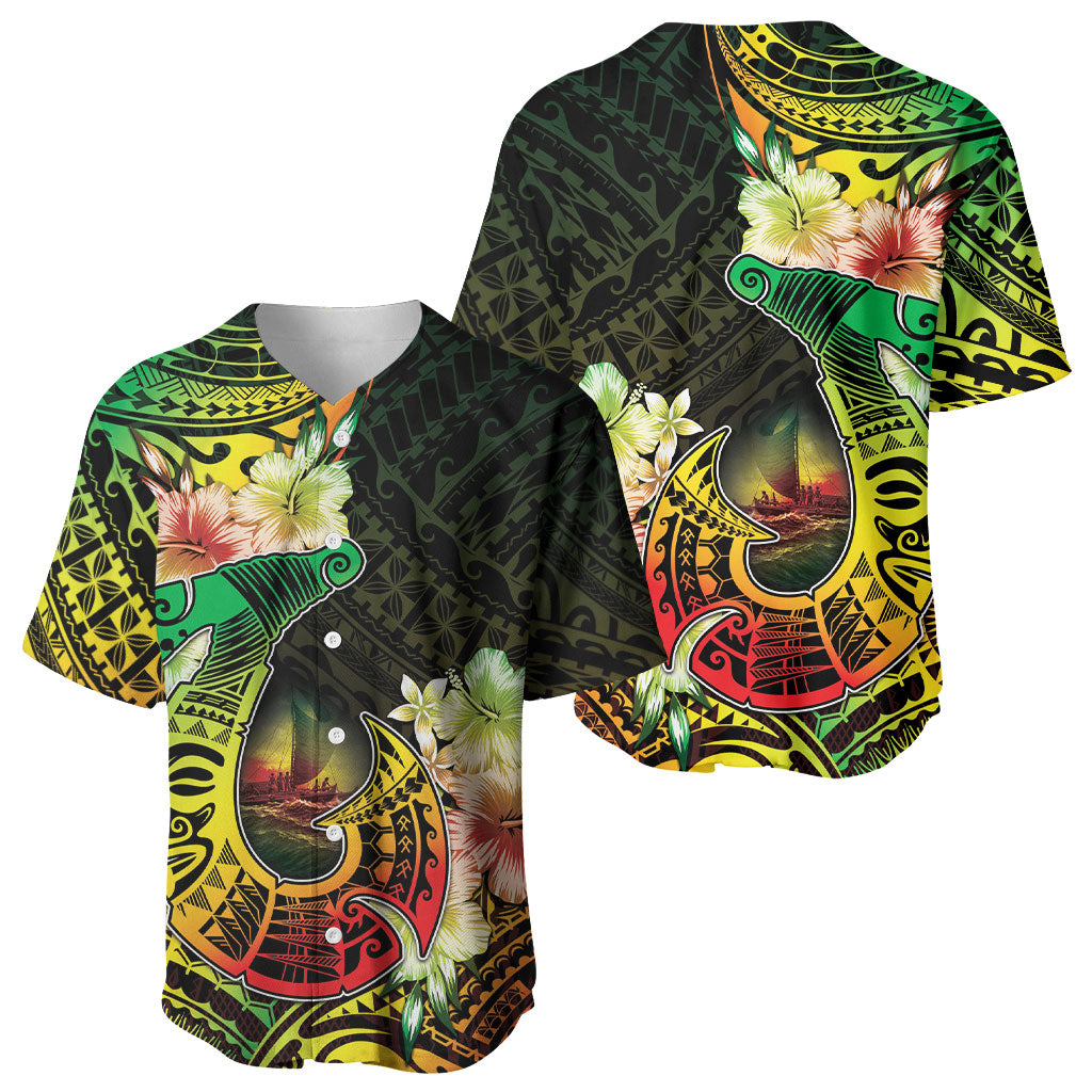 Hawaii Discoverers Day Baseball Jersey Polynesian Fish Hook With Hibiscus Reggae LT05 - Polynesian Pride