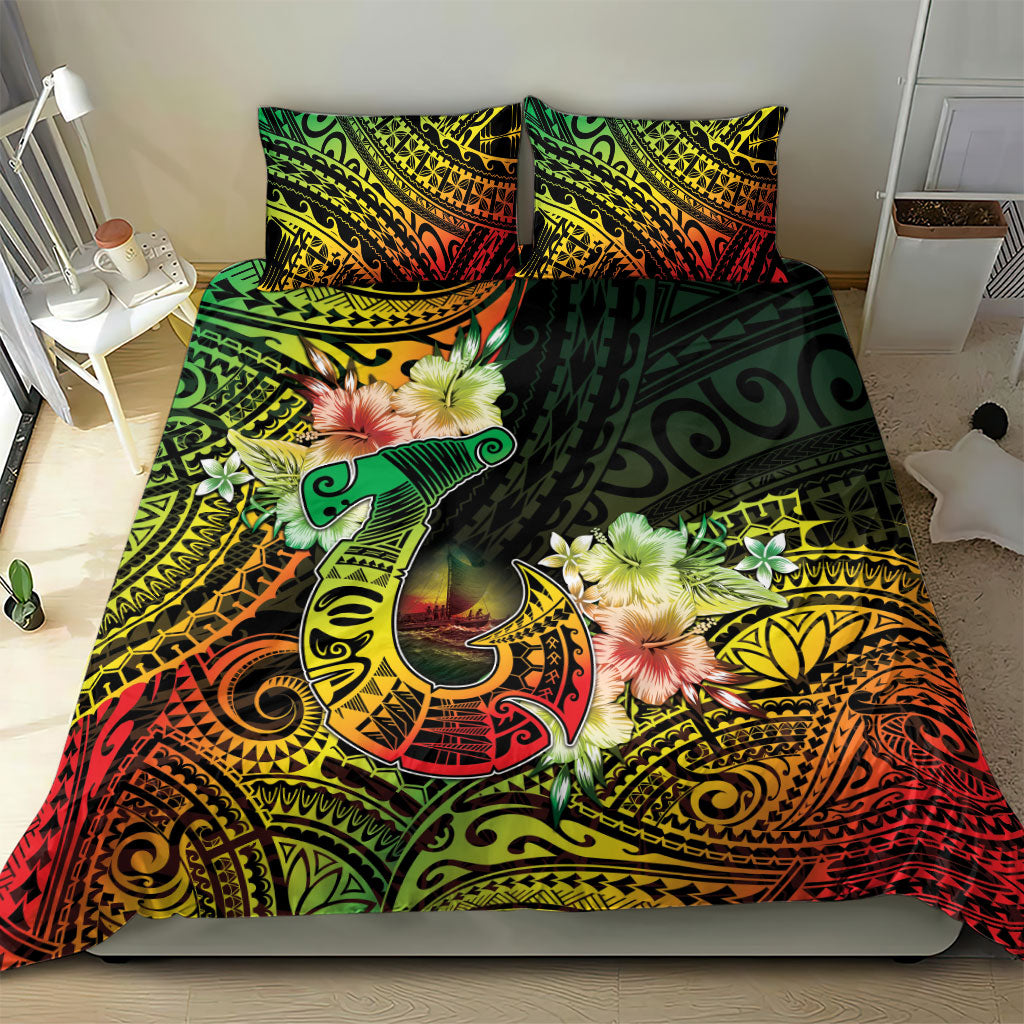 Hawaii Discoverers Day Bedding Set Polynesian Fish Hook With Hibiscus Reggae LT05 - Polynesian Pride