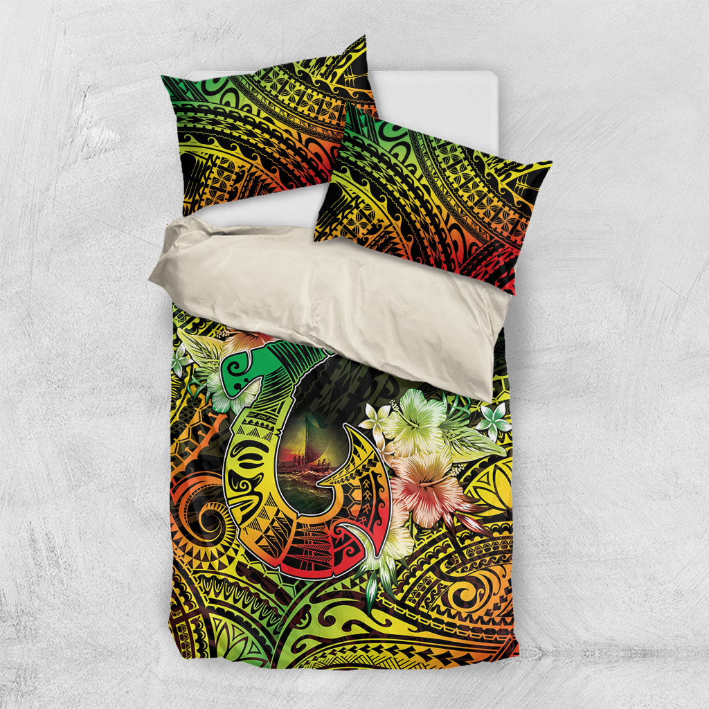 Hawaii Discoverers Day Bedding Set Polynesian Fish Hook With Hibiscus Reggae LT05 US Twin 172cm x 218cm Reggae - Polynesian Pride