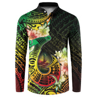 Hawaii Discoverers Day Button Sweatshirt Polynesian Fish Hook With Hibiscus Reggae LT05 Reggae - Polynesian Pride