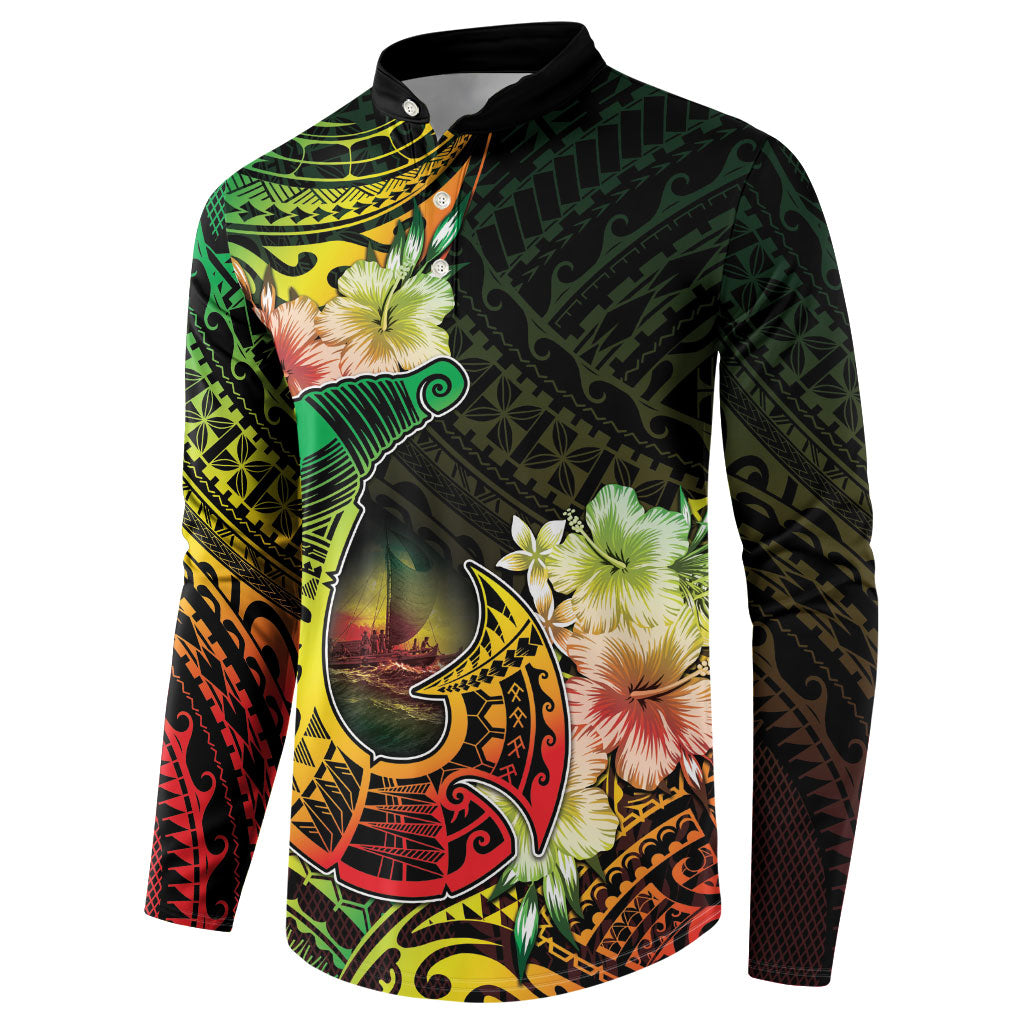 Hawaii Discoverers Day Button Sweatshirt Polynesian Fish Hook With Hibiscus Reggae LT05 - Polynesian Pride
