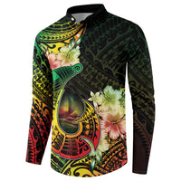 Hawaii Discoverers Day Button Sweatshirt Polynesian Fish Hook With Hibiscus Reggae LT05 - Polynesian Pride
