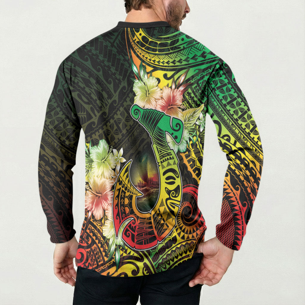 Hawaii Discoverers Day Button Sweatshirt Polynesian Fish Hook With Hibiscus Reggae LT05 - Polynesian Pride