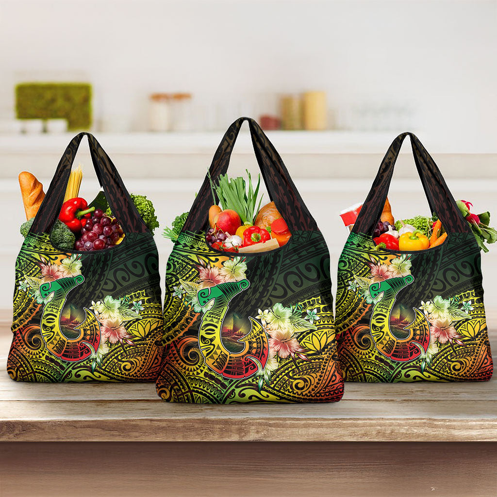 Hawaii Discoverers Day Grocery Bag Polynesian Fish Hook With Hibiscus Reggae LT05 3-pack One Size Reggae - Polynesian Pride